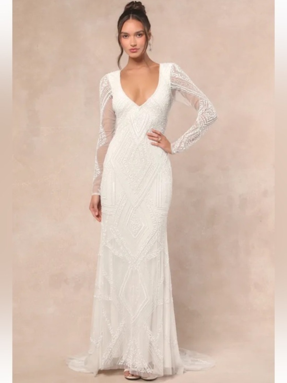 NWT Lulus Deedra White Sequin Beaded Backless Wedding Bridal Gown Dress